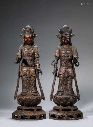 A Pair Of Bronze Gold-Painted Bodhisattva Statues