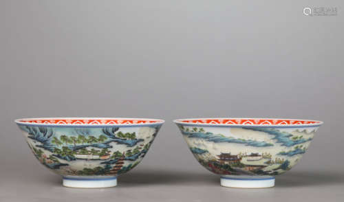 A Pair Of Famille Rose Landscape And Figure Bowls