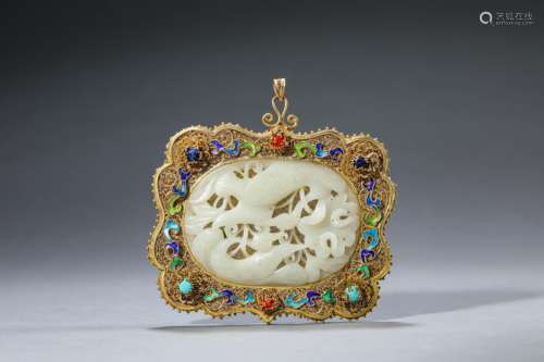 Gilt Silver Tian-Tsui Inlaid-Jade Phoenix Plaque