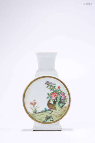 Famille Rose Inscribed Flower And Bird Panel Vase