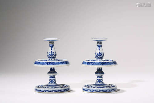 A Pair Of Blue And White Interlocking Lotus Candlesticks