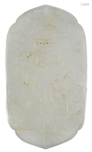 Chinese White Jade Plaque With Carved Scholar