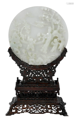 Chinese Jade or Hardstone Round Plaque Mother and Boys