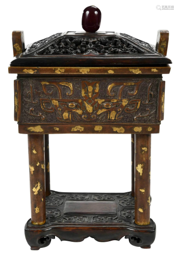 Chinese Bronze Censer Splashed Gold With Lid and Stand