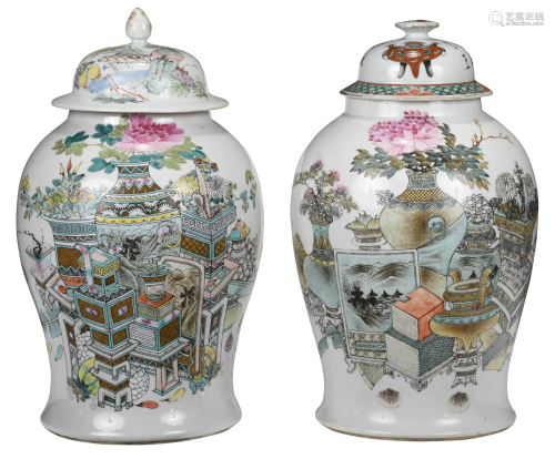 Near Pair Chinese Famille Verte Lidded Vases