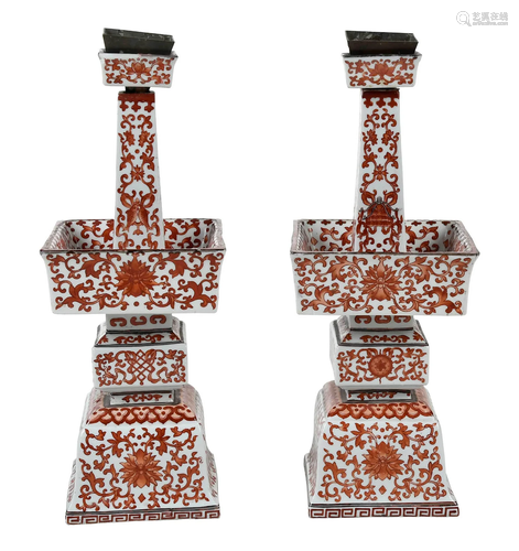 Pair of Chinese Iron Red Enamel Decorated Candlesticks