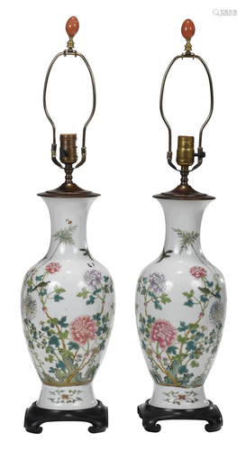 Pair of Chinese Famille Rose Porcelain Vases, as Lamps