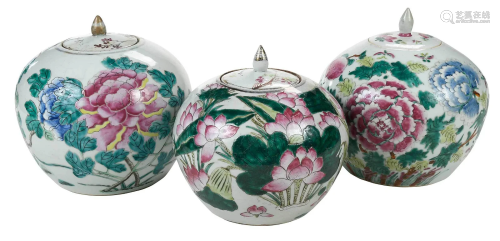 Three Chinese Famille Rose Lidded Jars