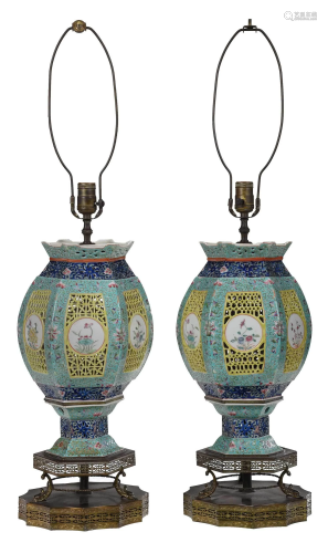 Pair Chinese Famille Rose Wedding Lanterns as Lamps