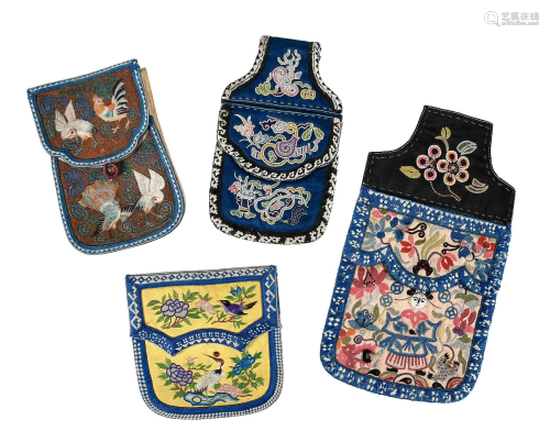 Group of Four Chinese Embroidered Pouches