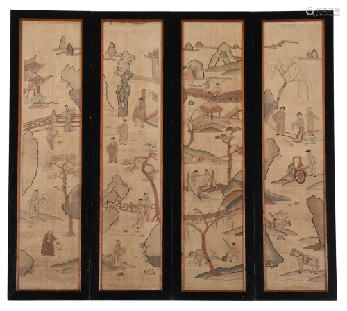 Chinese Four Panel Framed Kesi Folding Screen