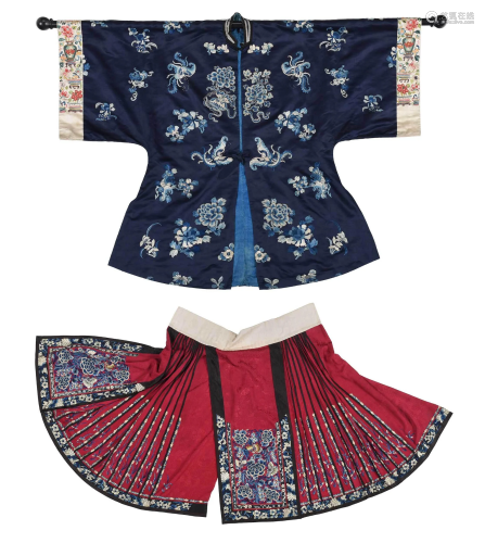 Chinese Blue Robe and Red Silk Skirt