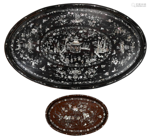 Two Chinese Hongmu and Mother of Pearl Inlaid Trays