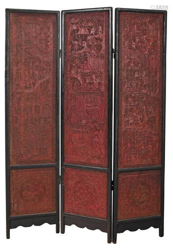 Chinese Cinnabar Style Three Panel Room Screen