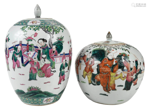 Two Chinese Enameled Porcelain Lidded Jars