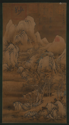 Silk scroll of Ni Zan's landscape treasures in the Ming...