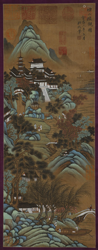 Silk scroll of the building view of Du Mu Xianshan in Tang D...