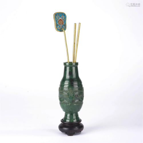 Spinach-Green Jade Taotie Vase