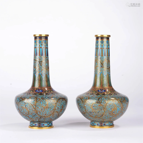 Pair Of Cloisonne Enamel Flower Tianqiuping