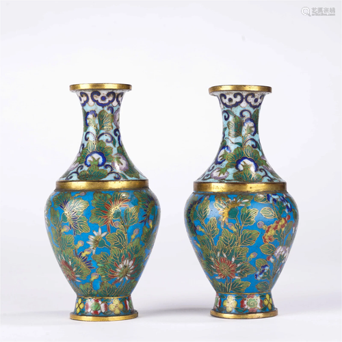 Pair Of Cloisonne Enamel Flower Bottle Vases