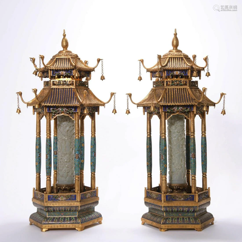 Pair of White Jade Inlaid CloisonnÃ© Enamel Pagoda