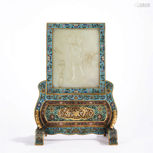 White Jade Inlaid Cloisonne Enamel Lady Painting Table Scree...