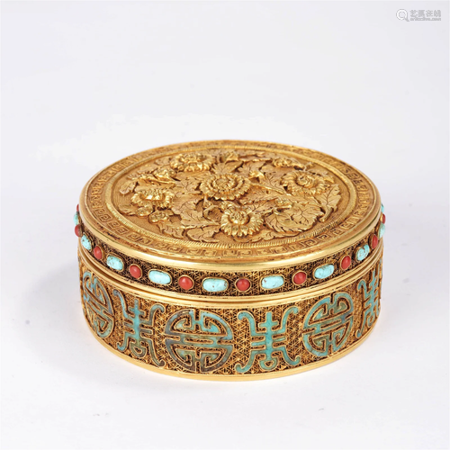 Hardstone Inlaid Gold Longevity Box And Cover