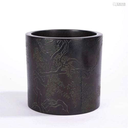 Carved Sandalwood Flower Inscribed Brush Pot