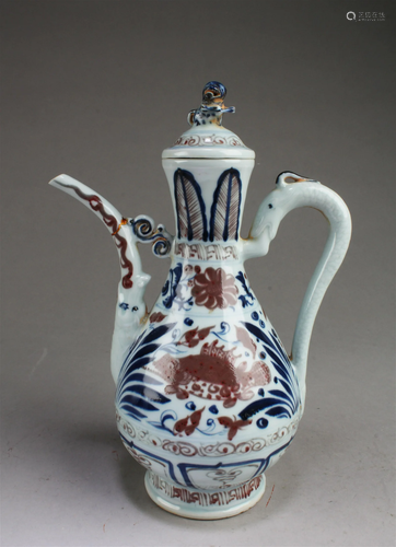 Chinese Iron Red Blue & White Porcelain Teapot