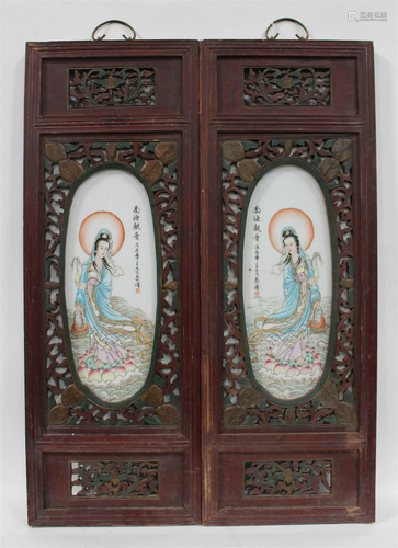 A Pair of Chinese Hardwood Framed Porcelain Guanyi