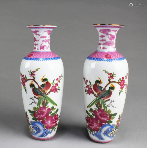 A Pair of Famille Rose Porcelain Vases