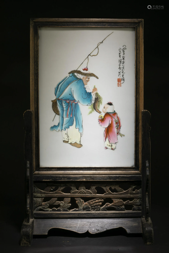 A Framed Pocelain Inlay Table Screen