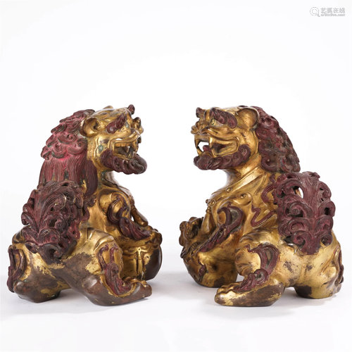 Pair Of Gilt-Bronze Lion Statues