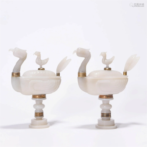 Pair of White Jade Duck-Form Censers