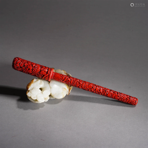 White Jade Scroll Weight Carved Cinnabar Lacquer Brush Penn
