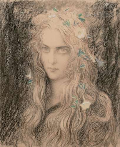 Portrait de jeune fille avec fleursFusain, pastel sur papier...
