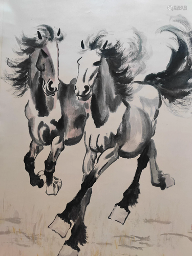 Chinese Twin Horses Painting, Xu Beihong Mark