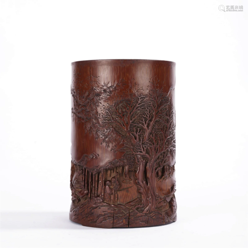 Carved Bamboo Scholar And Pine Brush Pot