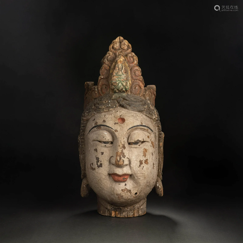 Carved Wood Painted Head Of Bodhisattva