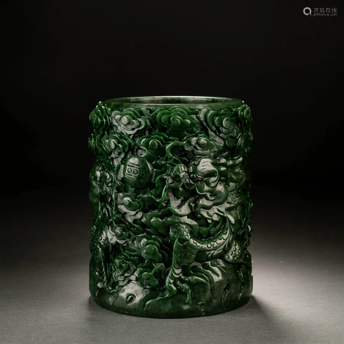 Spinach-Green Jade Dragon Brushpot