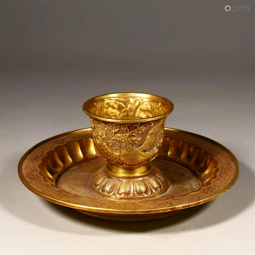 Set Of Gilt-Bronze Dragon And Phoenix Cup And Plate