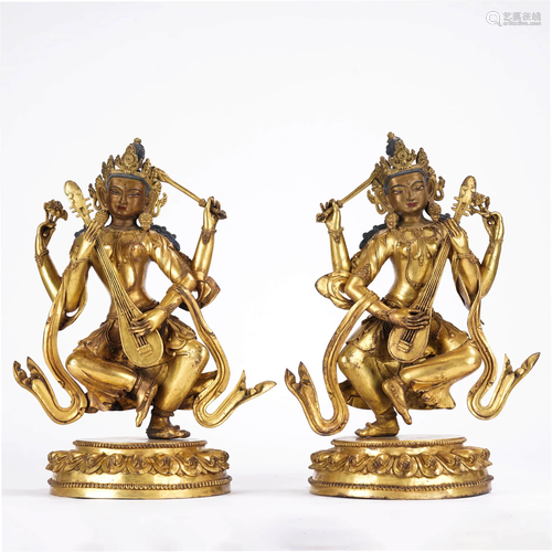 Pair Of Two Gilt-Bronze Figures Of Sarasvati