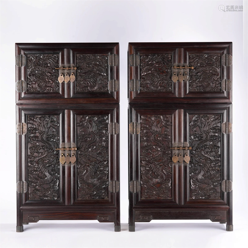 Pair Of Sandalwood Dragon And Cloud Cabinets