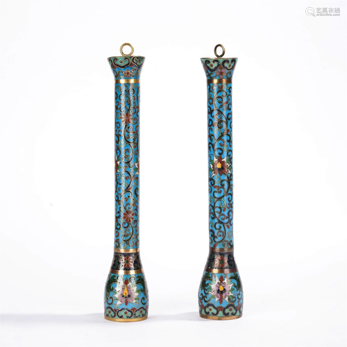 Pair Of Cloisonne Enamel Interlocking Lotus Pen Holders