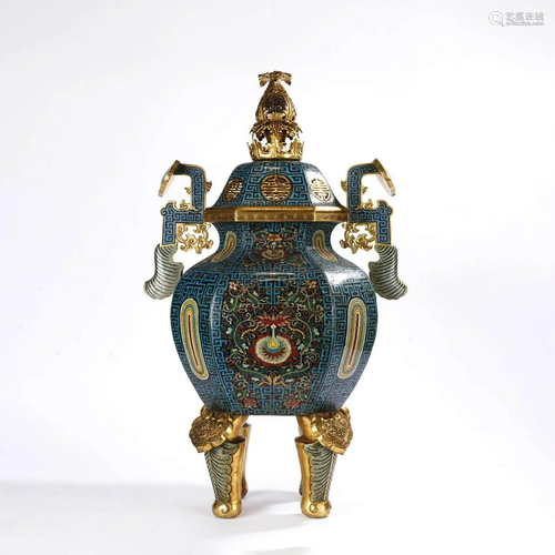 Cloisonne Enamel Ruyi-Eared Four-Legged Incense Burner And C...