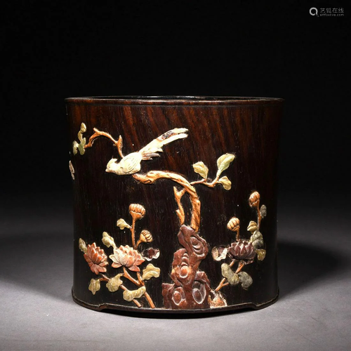 Hardstone Inlaid Huanghuali Brush Pot