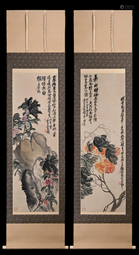 Pair Of Chinese Flower Painting Scrolls, Wu Changshuo Mark