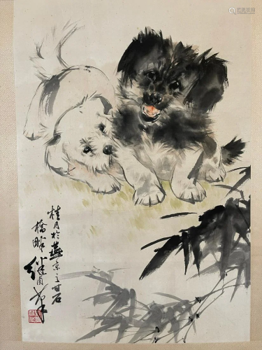 Chinese Puppy Painting, Liu Jiyou Mark