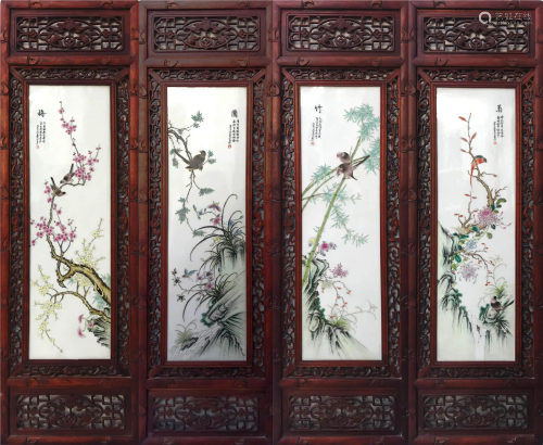 Chinese Flower And Bird Porcelain Painting Screens