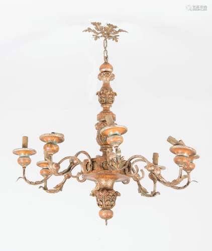 Lustre en bois et fer forgé à 10 bras de lumières H. 84 ; D....